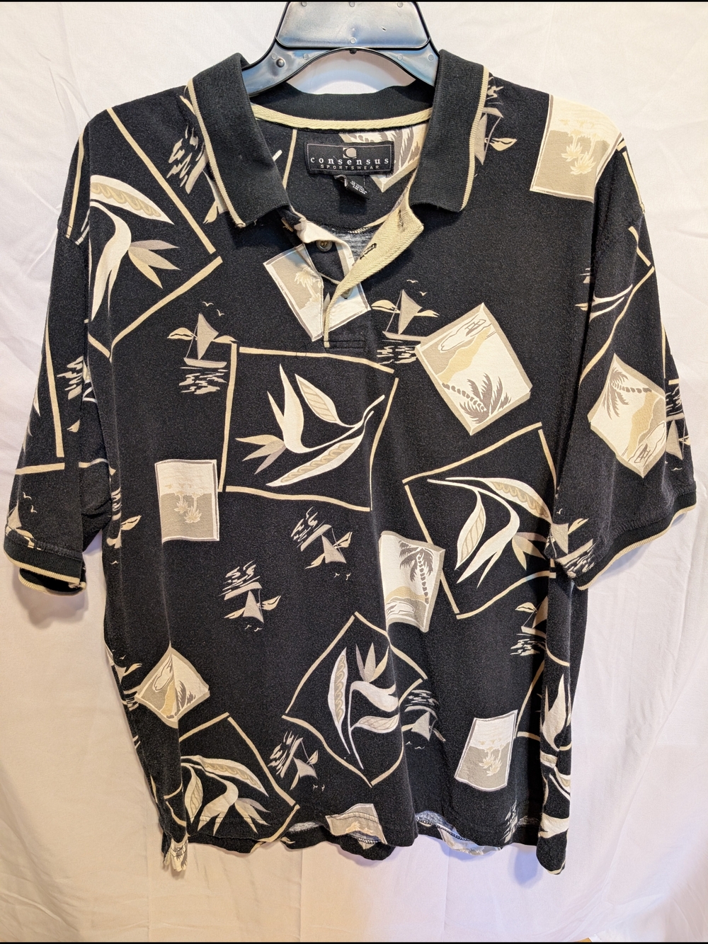 Consensus Men's Black Polo with Cream Graphic Print